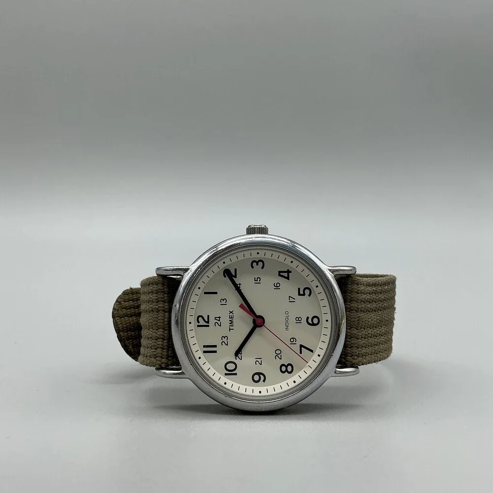 Timex Indiglo WR 30M Mens Watch 38mm Cream Dial Brown Nylon Strap Quartz